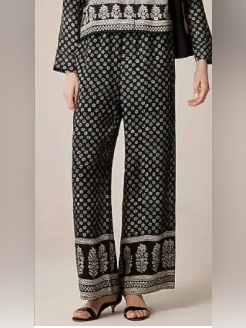 J. Crew Cropped Stratus Silky Black Wide-Leg Pants with White Print